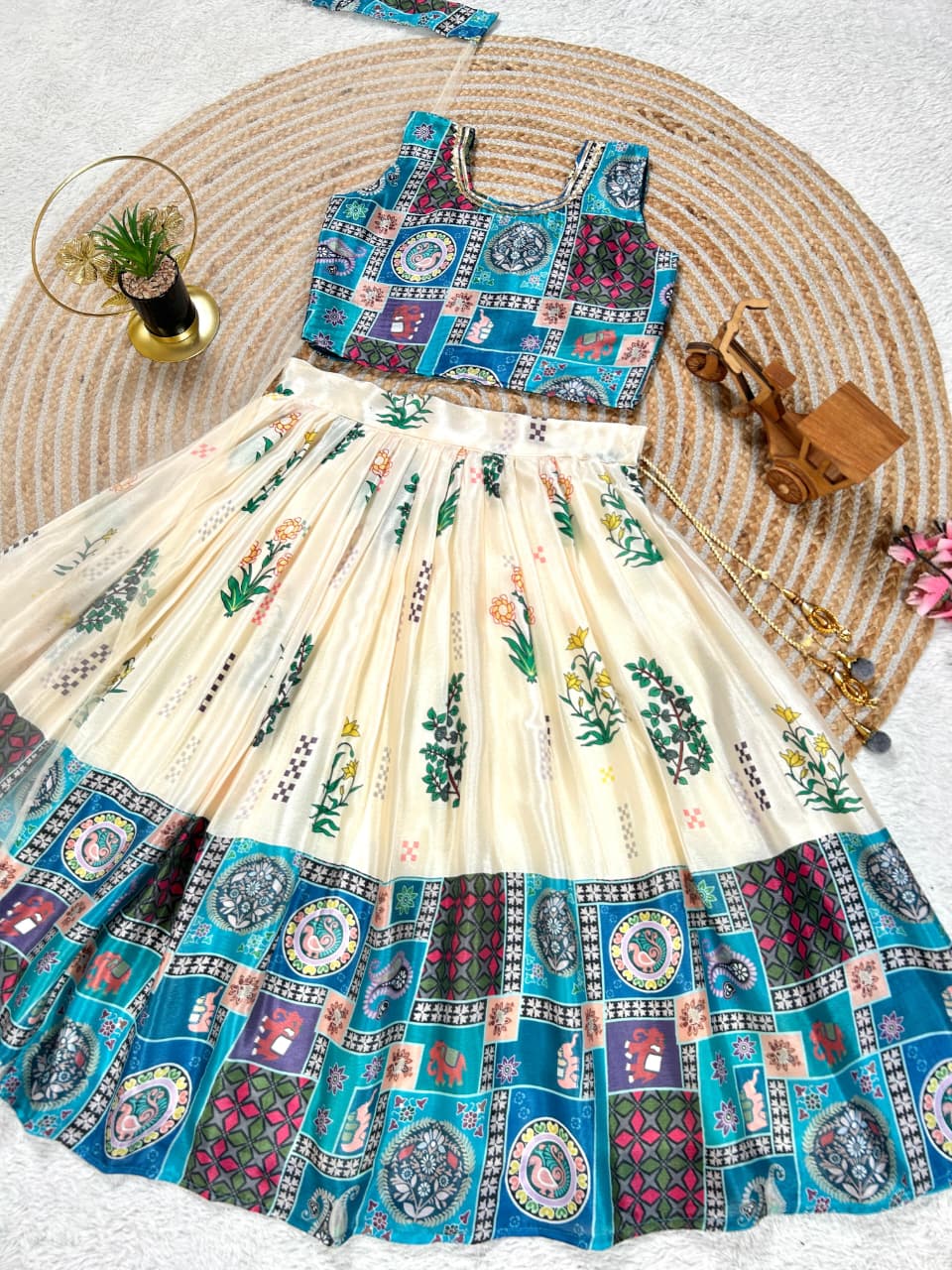 Cream Pure Faux Georgette Kids Girl's Lehenga Choli