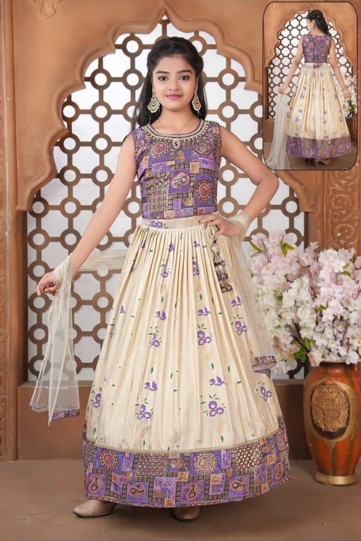 Cream Pure Faux Georgette Kids Girl's Lehenga Choli