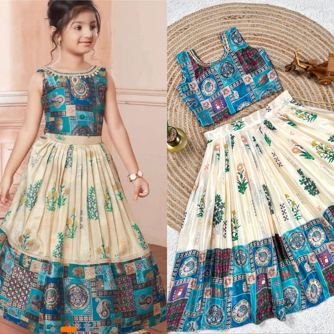 Cream Pure Faux Georgette Kids Girl's Lehenga Choli