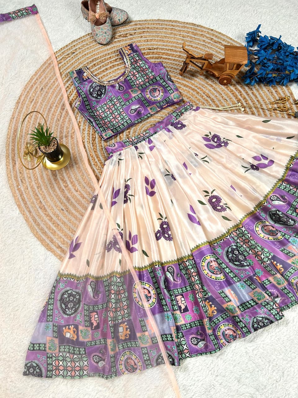 Cream Pure Faux Georgette Kids Girl's Lehenga Choli