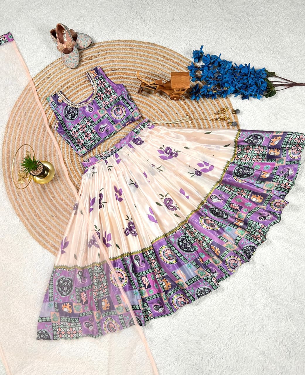 Cream Pure Faux Georgette Kids Girl's Lehenga Choli