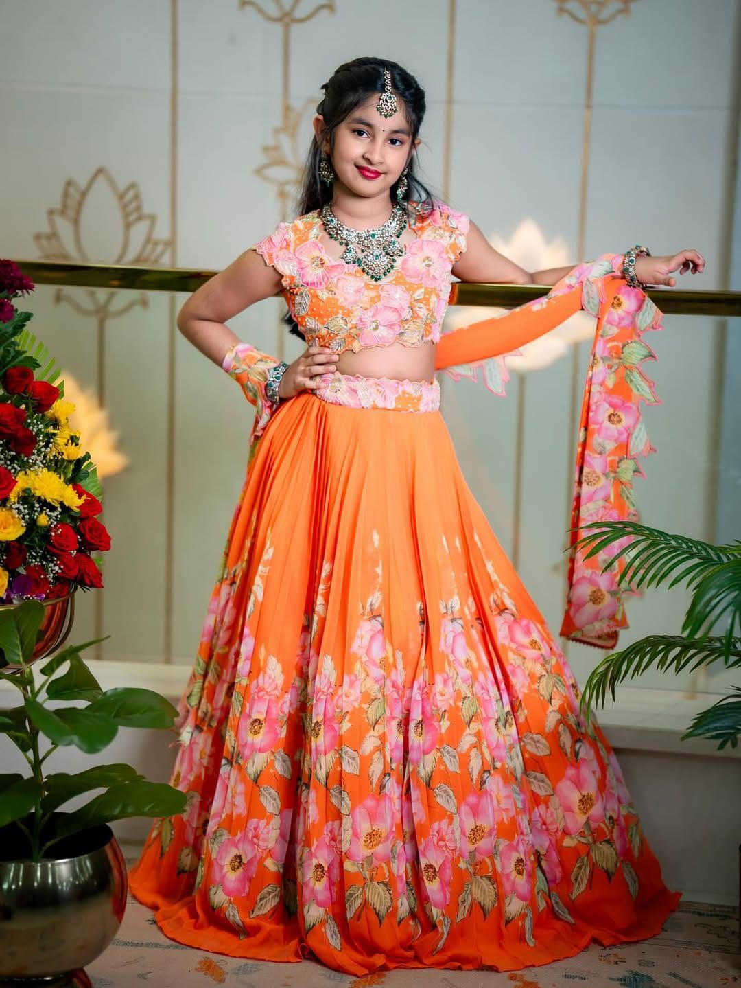 Orange Pure Muslim Cotton Kids Girl's Lehenga Choli
