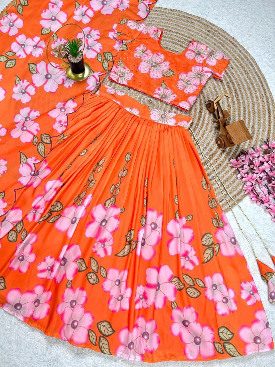 Orange Pure Muslim Cotton Kids Girl's Lehenga Choli
