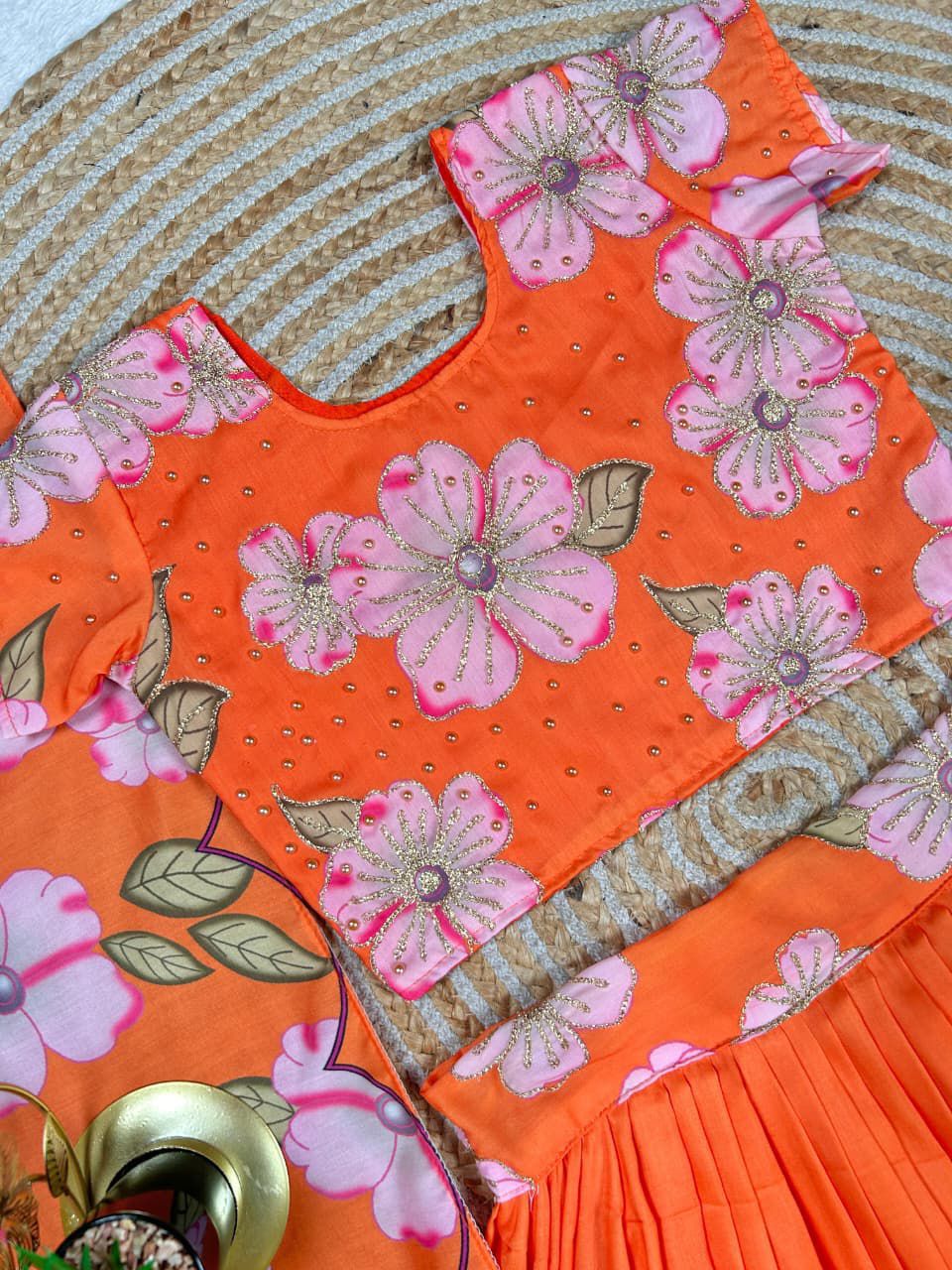 Orange Pure Muslim Cotton Kids Girl's Lehenga Choli