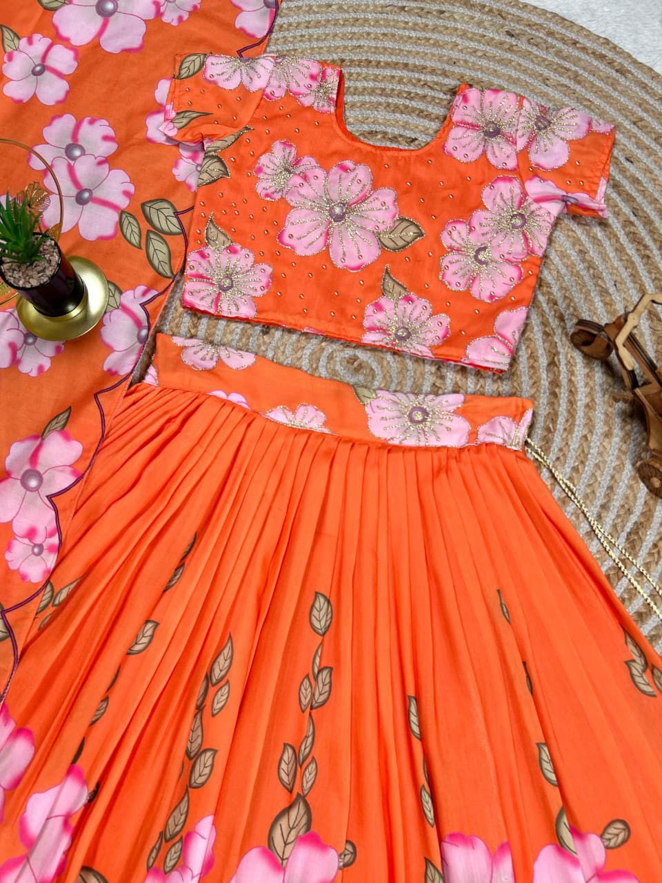 Orange Pure Muslim Cotton Kids Girl's Lehenga Choli
