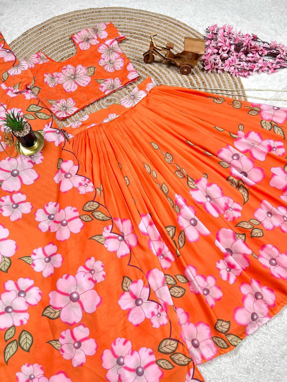 Orange Pure Muslim Cotton Kids Girl's Lehenga Choli