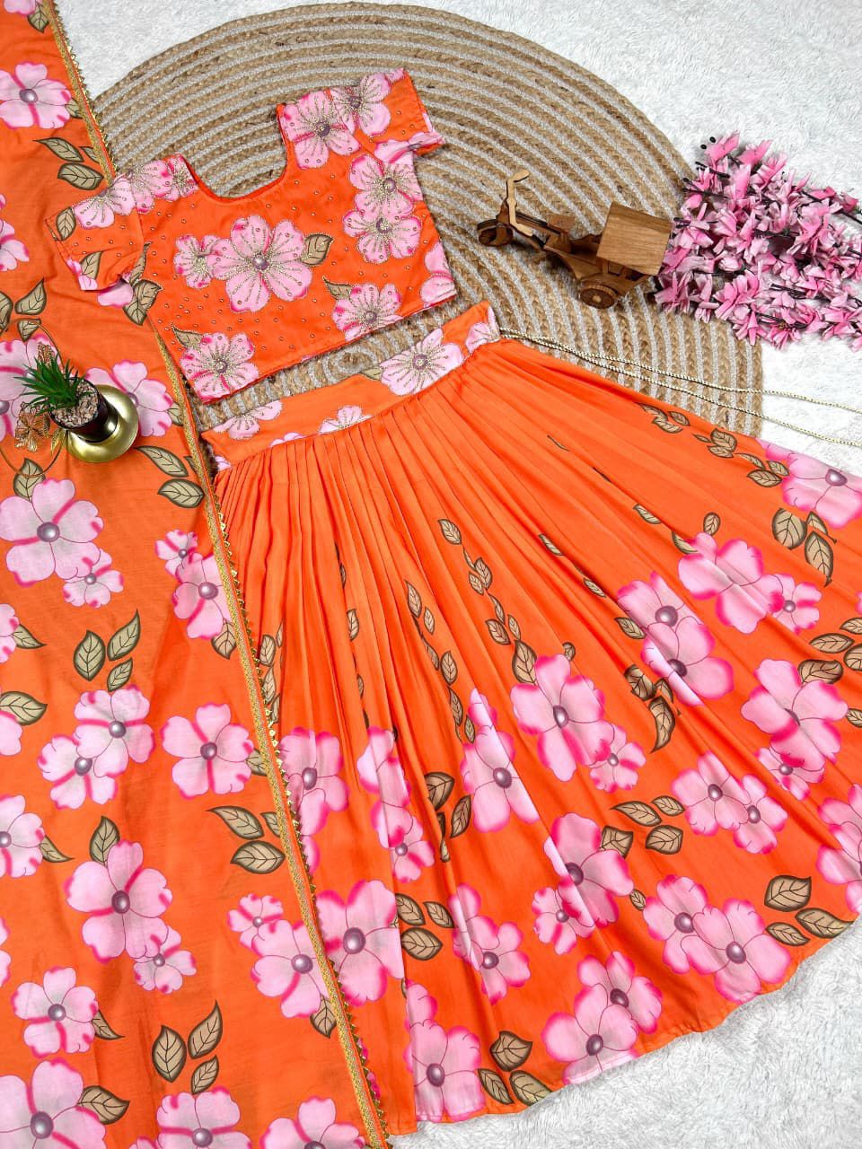 Orange Pure Muslim Cotton Kids Girl's Lehenga Choli