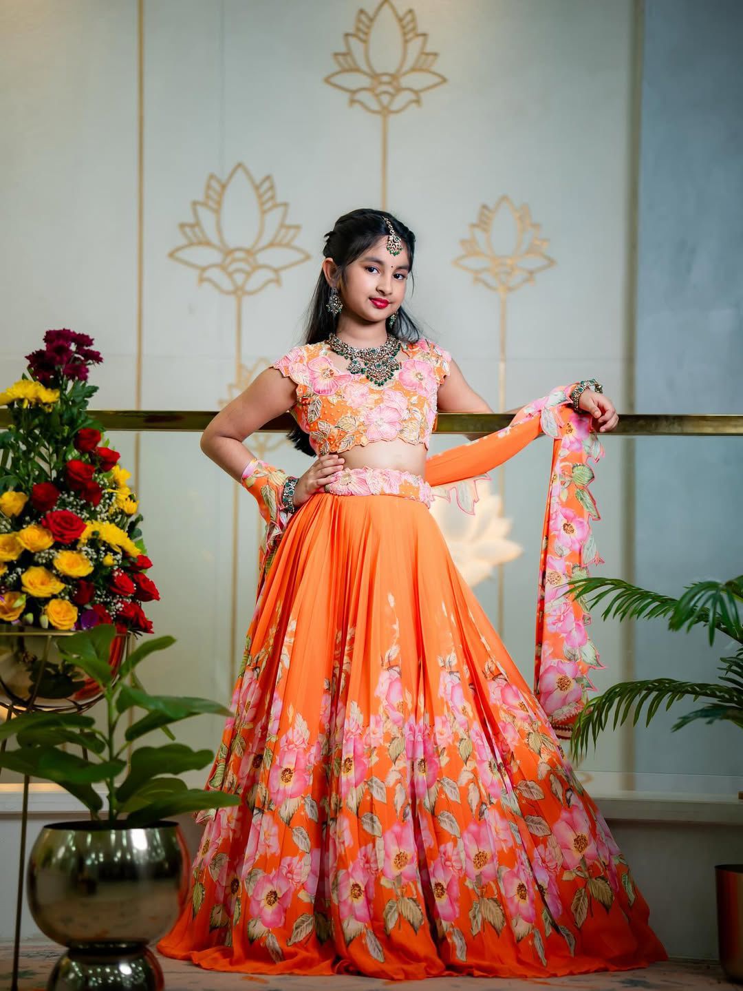 Orange Pure Muslim Cotton Kids Girl's Lehenga Choli