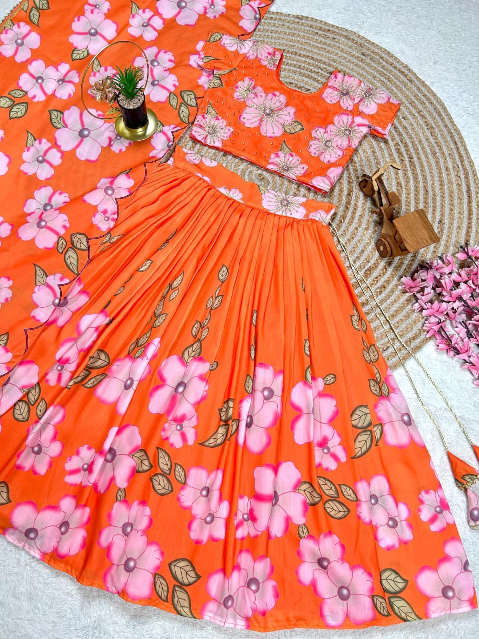 Orange Pure Muslim Cotton Kids Girl's Lehenga Choli