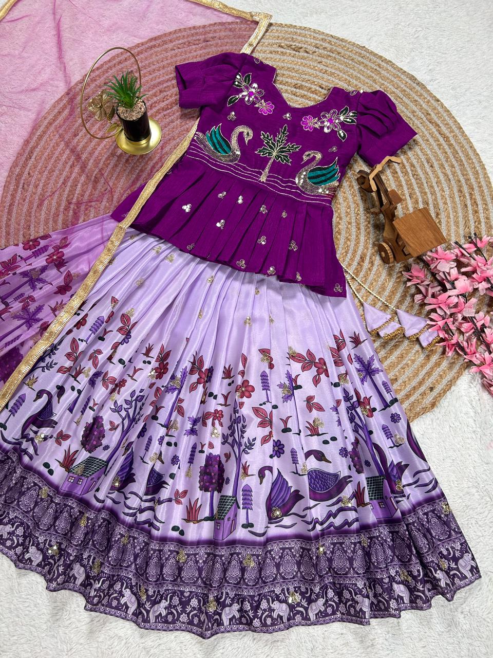 Lavender Pure Heavy Mono Cotton Kids Girl's Lehenga Choli