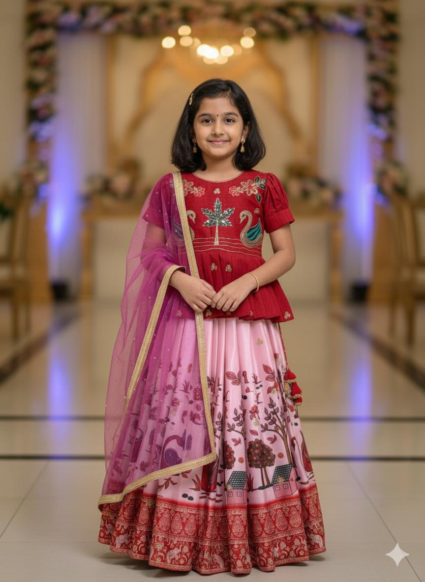 Pink Pure Heavy Mono Cotton Kids Girl's Lehenga Choli