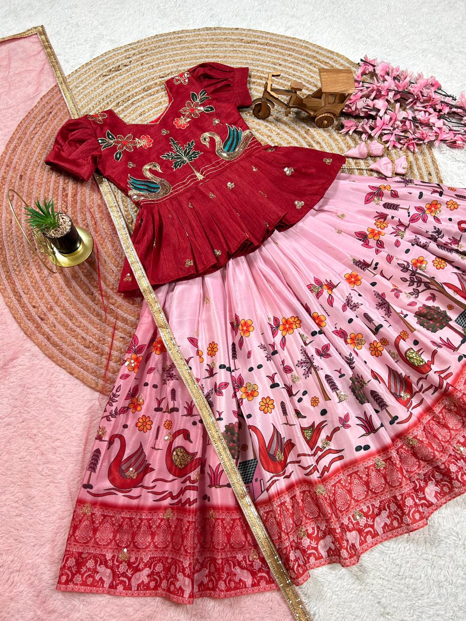 Pink Pure Heavy Mono Cotton Kids Girl's Lehenga Choli