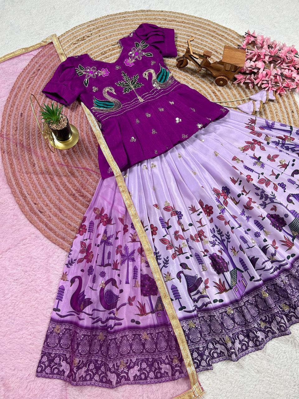 Lavender Pure Heavy Mono Cotton Kids Girl's Lehenga Choli
