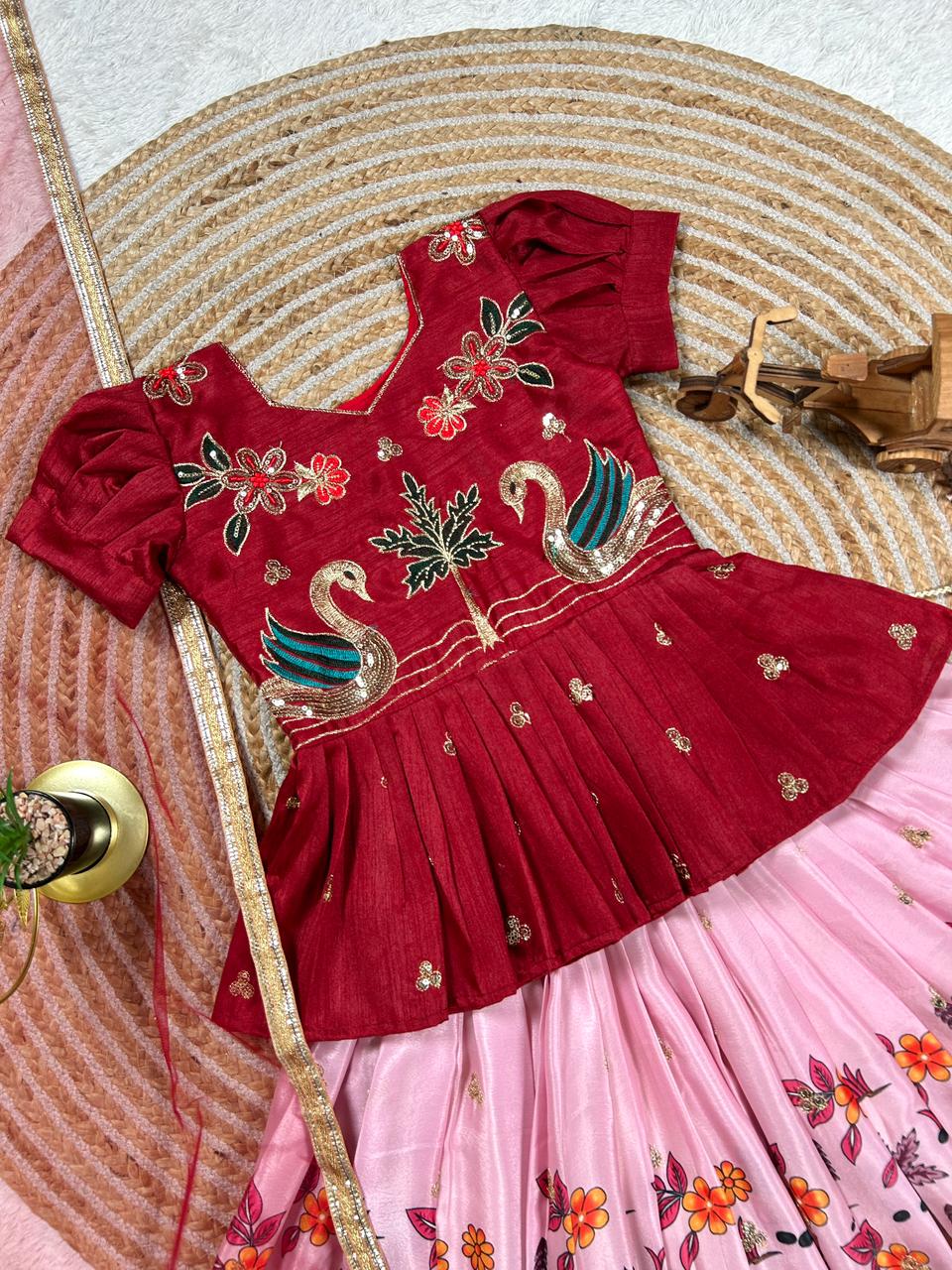 Pink Pure Heavy Mono Cotton Kids Girl's Lehenga Choli