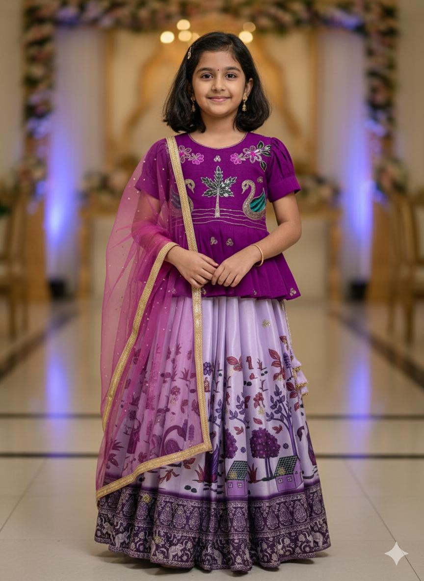 Lavender Pure Heavy Mono Cotton Kids Girl's Lehenga Choli