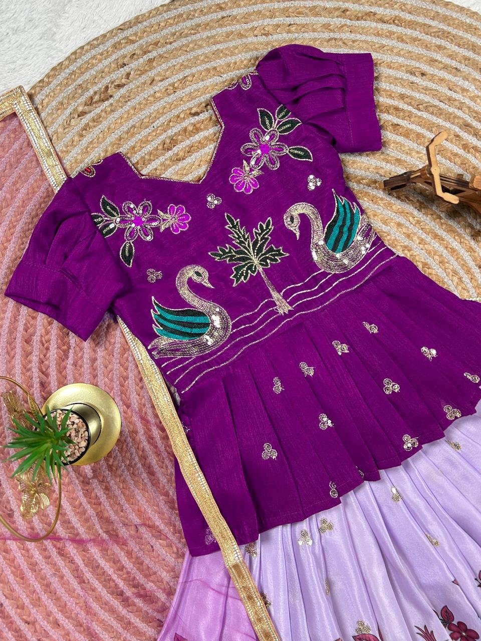 Lavender Pure Heavy Mono Cotton Kids Girl's Lehenga Choli