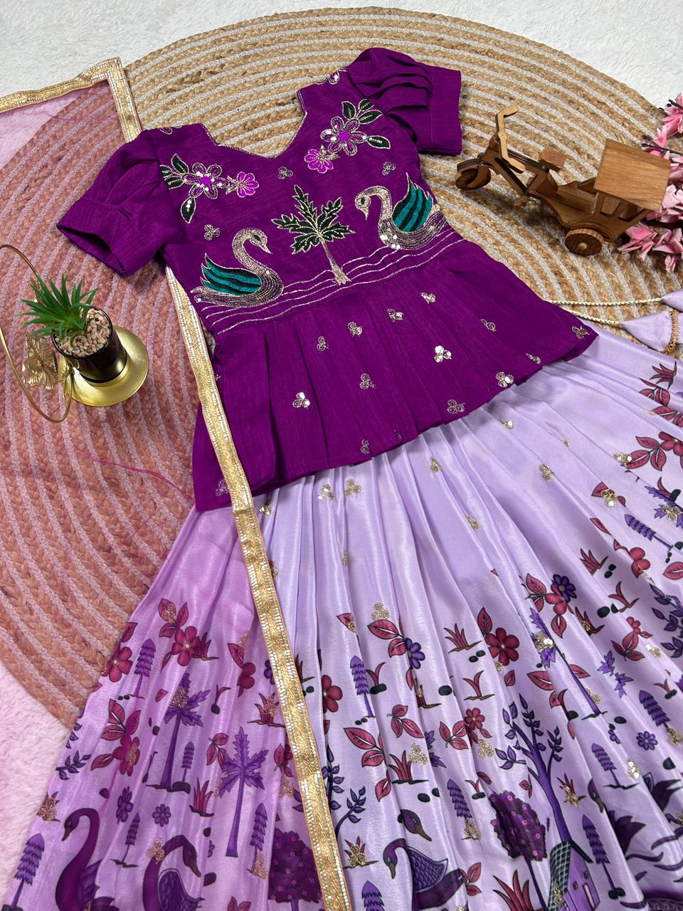 Lavender Pure Heavy Mono Cotton Kids Girl's Lehenga Choli