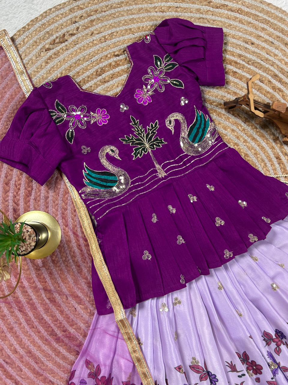 Lavender Pure Heavy Mono Cotton Kids Girl's Lehenga Choli