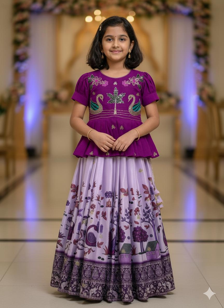 Lavender Pure Heavy Mono Cotton Kids Girl's Lehenga Choli