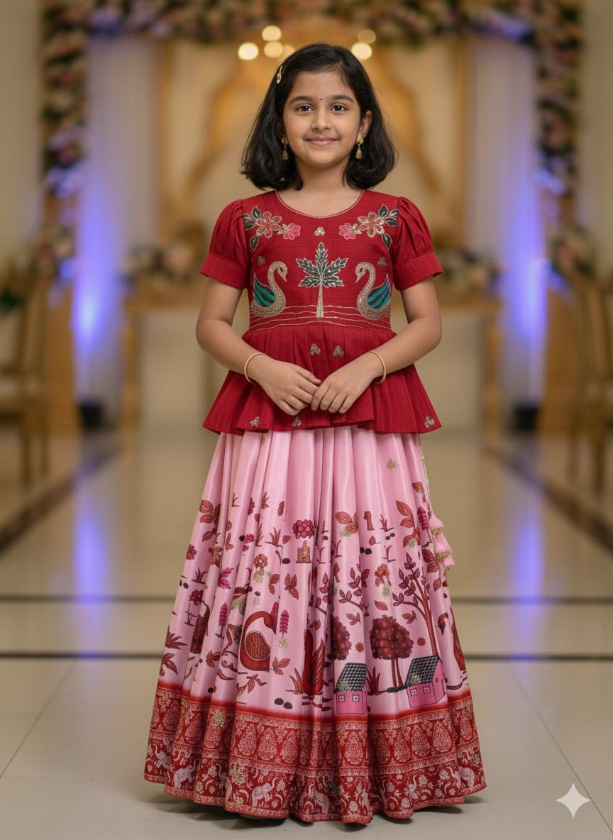 Pink Pure Heavy Mono Cotton Kids Girl's Lehenga Choli