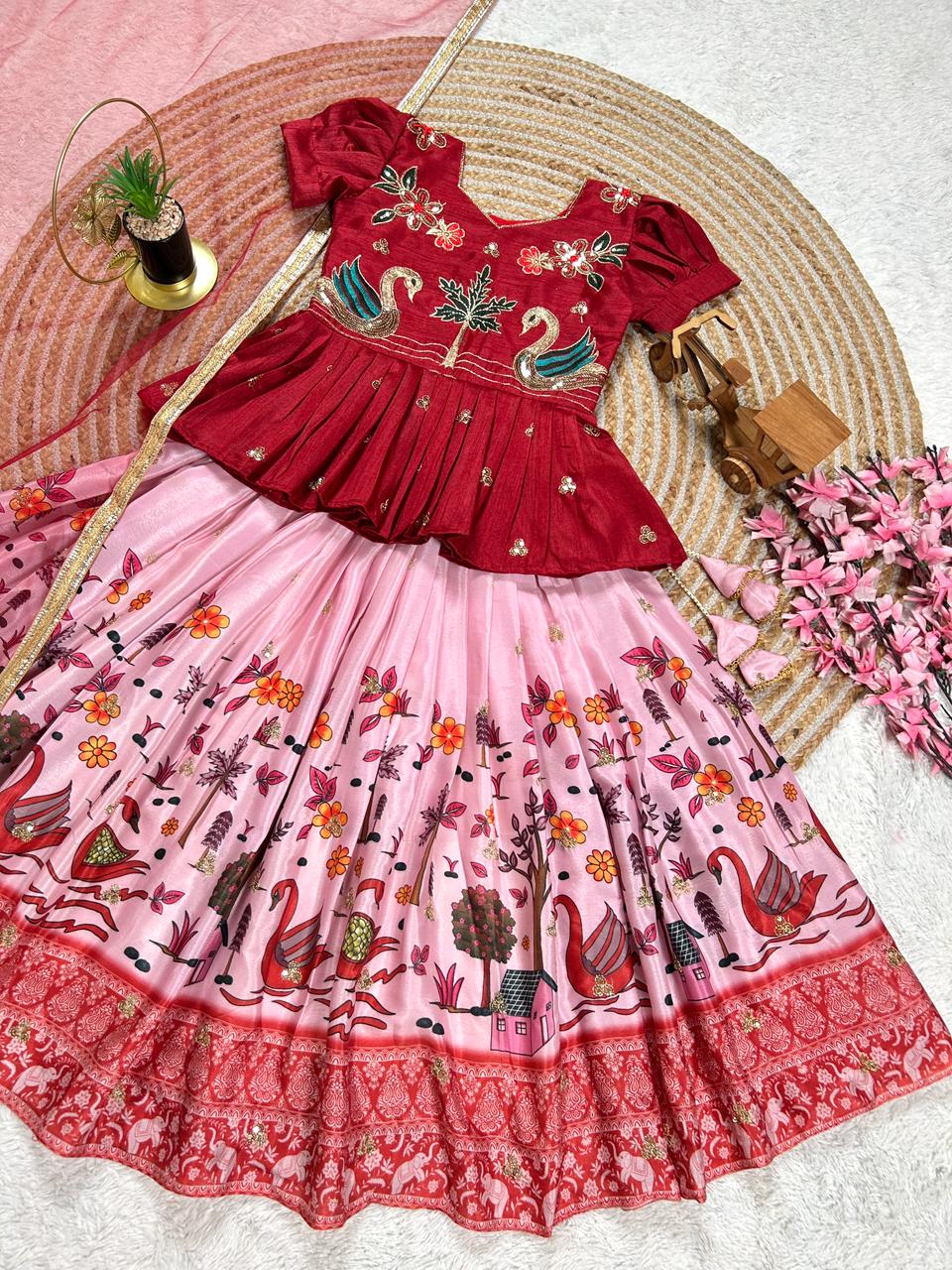 Pink Pure Heavy Mono Cotton Kids Girl's Lehenga Choli