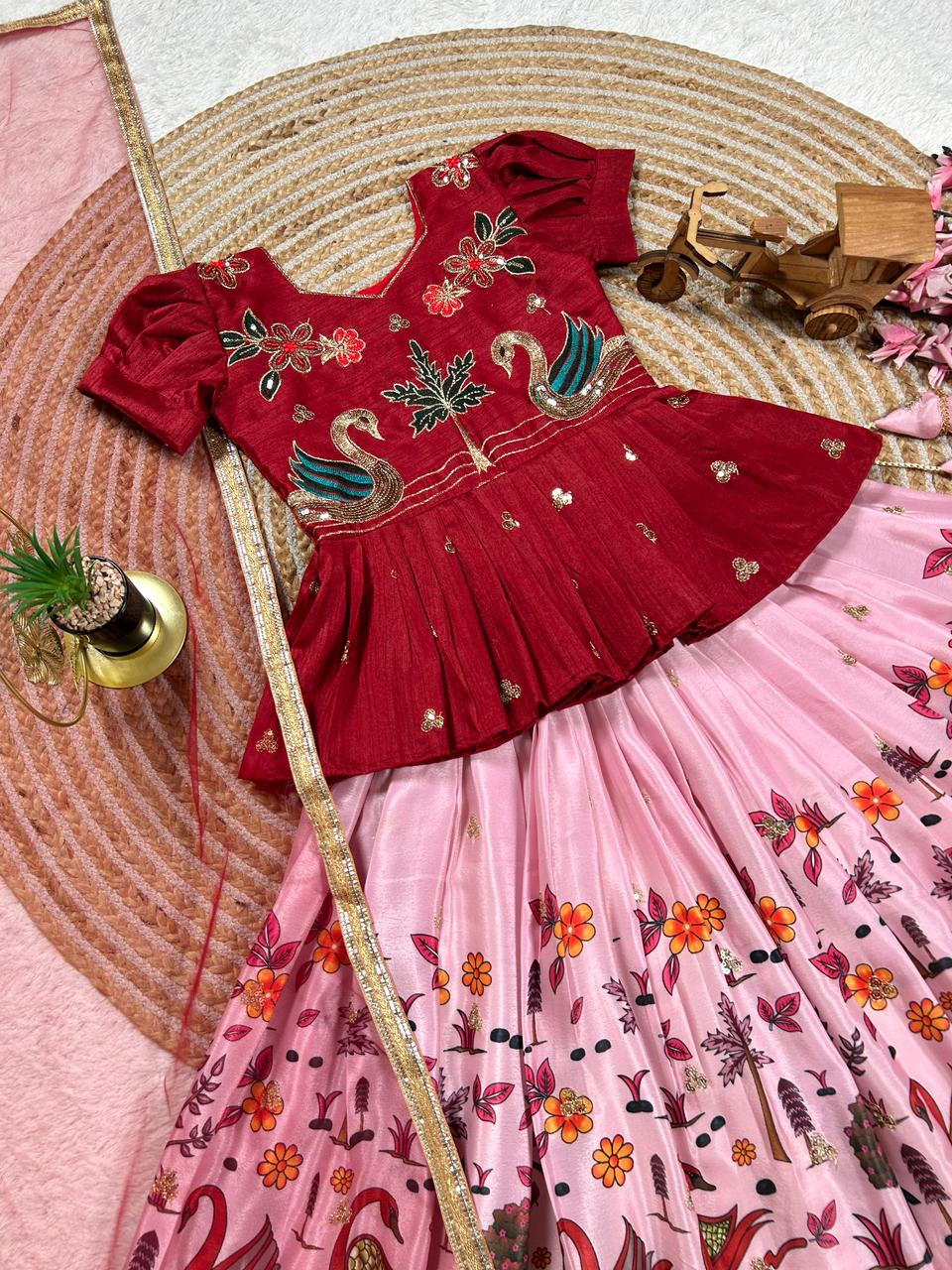 Pink Pure Heavy Mono Cotton Kids Girl's Lehenga Choli