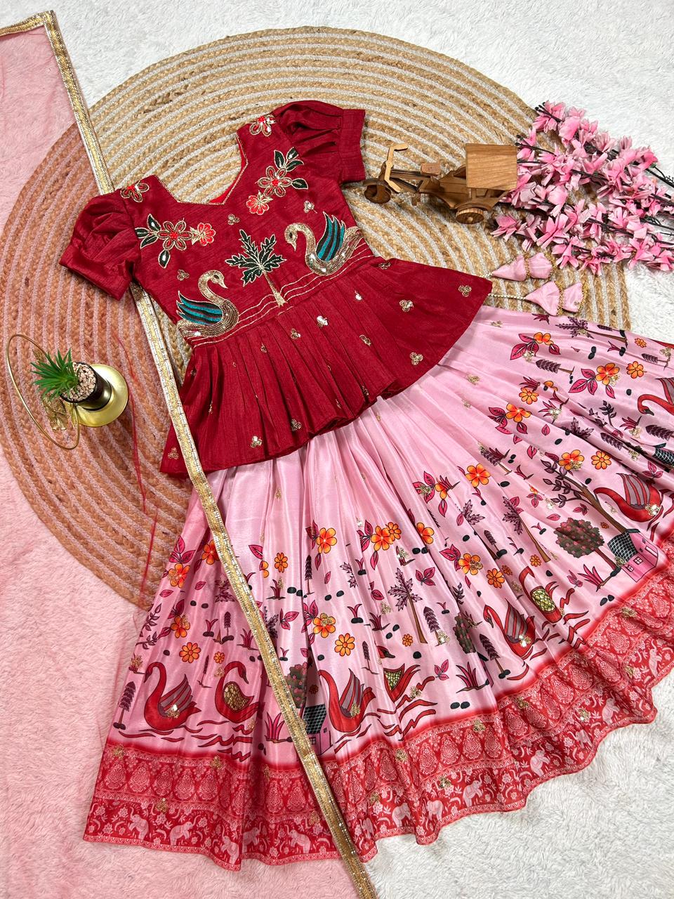 Pink Pure Heavy Mono Cotton Kids Girl's Lehenga Choli