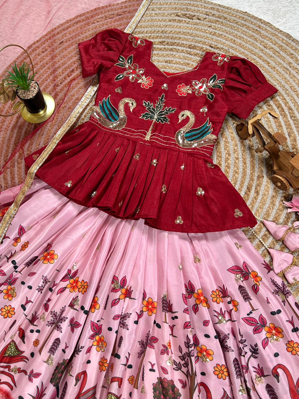 Pink Pure Heavy Mono Cotton Kids Girl's Lehenga Choli