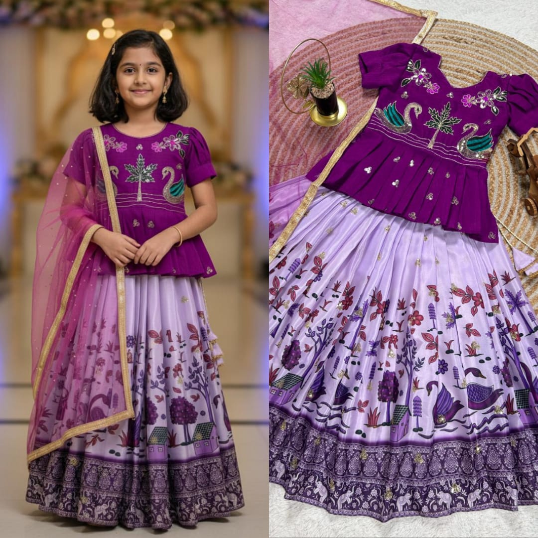 Lavender Pure Heavy Mono Cotton Kids Girl's Lehenga Choli