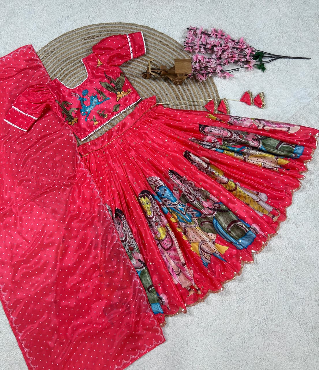 Red Pure Heavy Cotton Kids Girl's Lehenga Choli