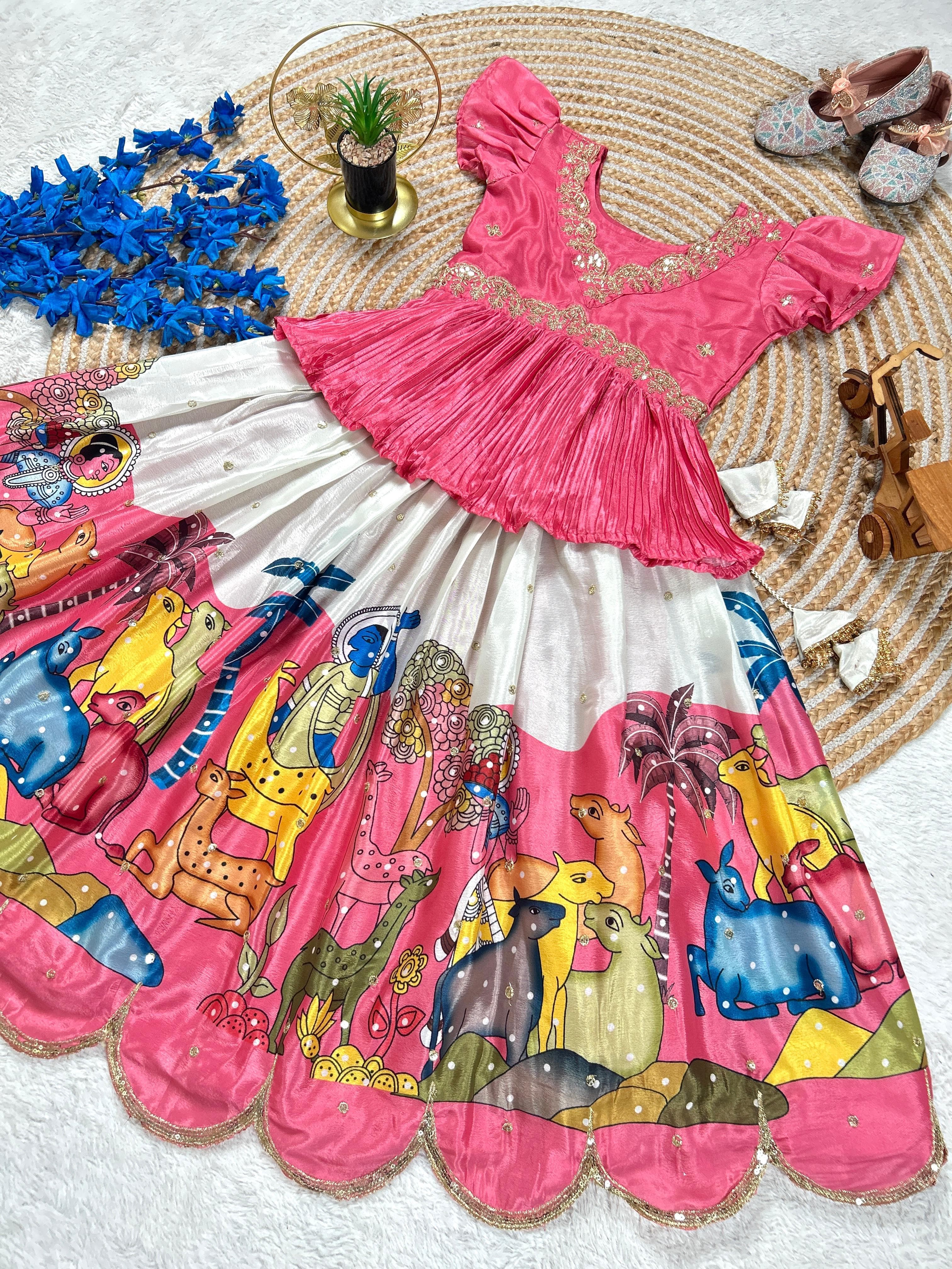 Pink Pure Heavy Chinnon Silk Kids Girl's Lehenga Choli