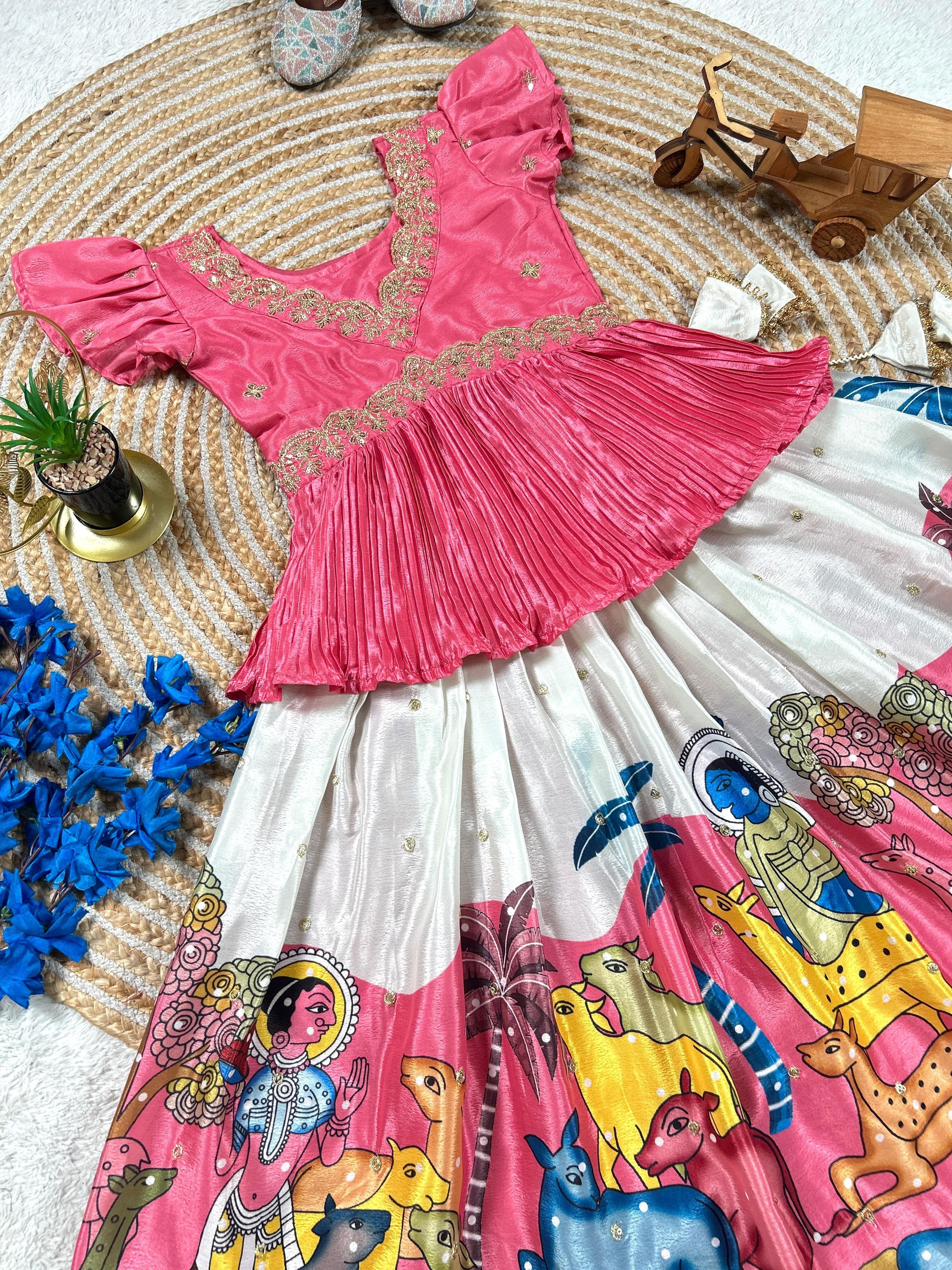 Pink Pure Heavy Chinnon Silk Kids Girl's Lehenga Choli