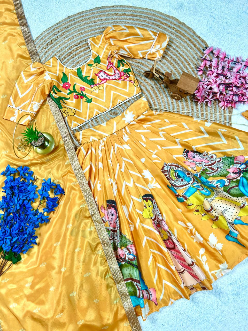 Yellow Pure Heavy Chinnon Silk Kids Girl's Lehenga Choli