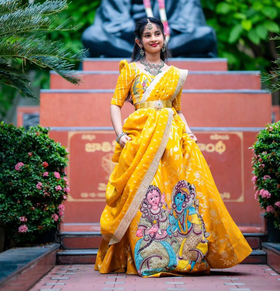 Yellow Pure Heavy Chinnon Silk Kids Girl's Lehenga Choli