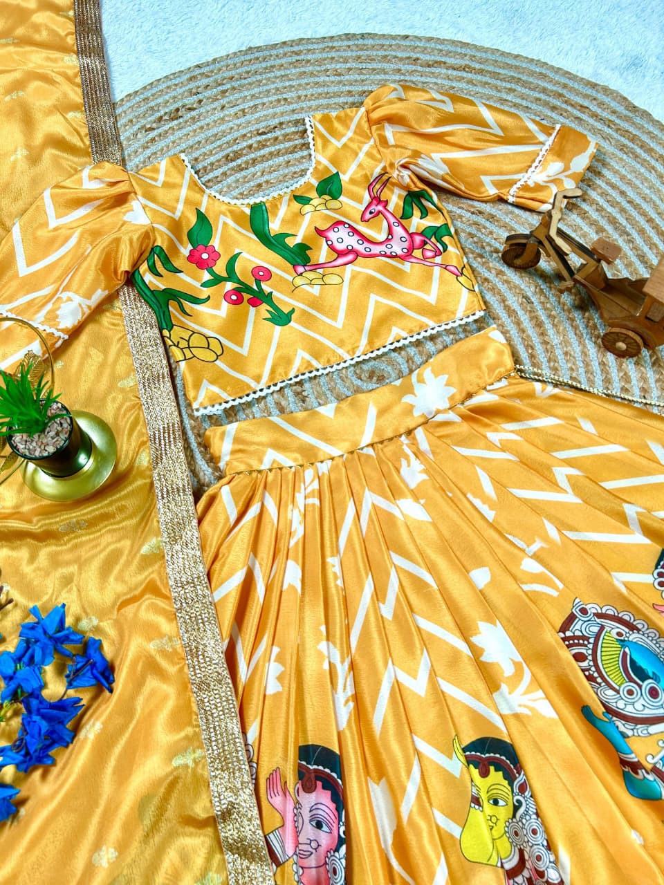 Yellow Pure Heavy Chinnon Silk Kids Girl's Lehenga Choli