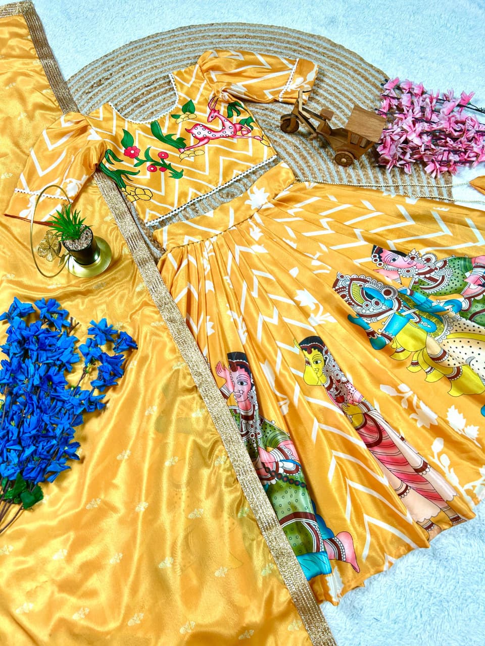 Yellow Pure Heavy Chinnon Silk Kids Girl's Lehenga Choli