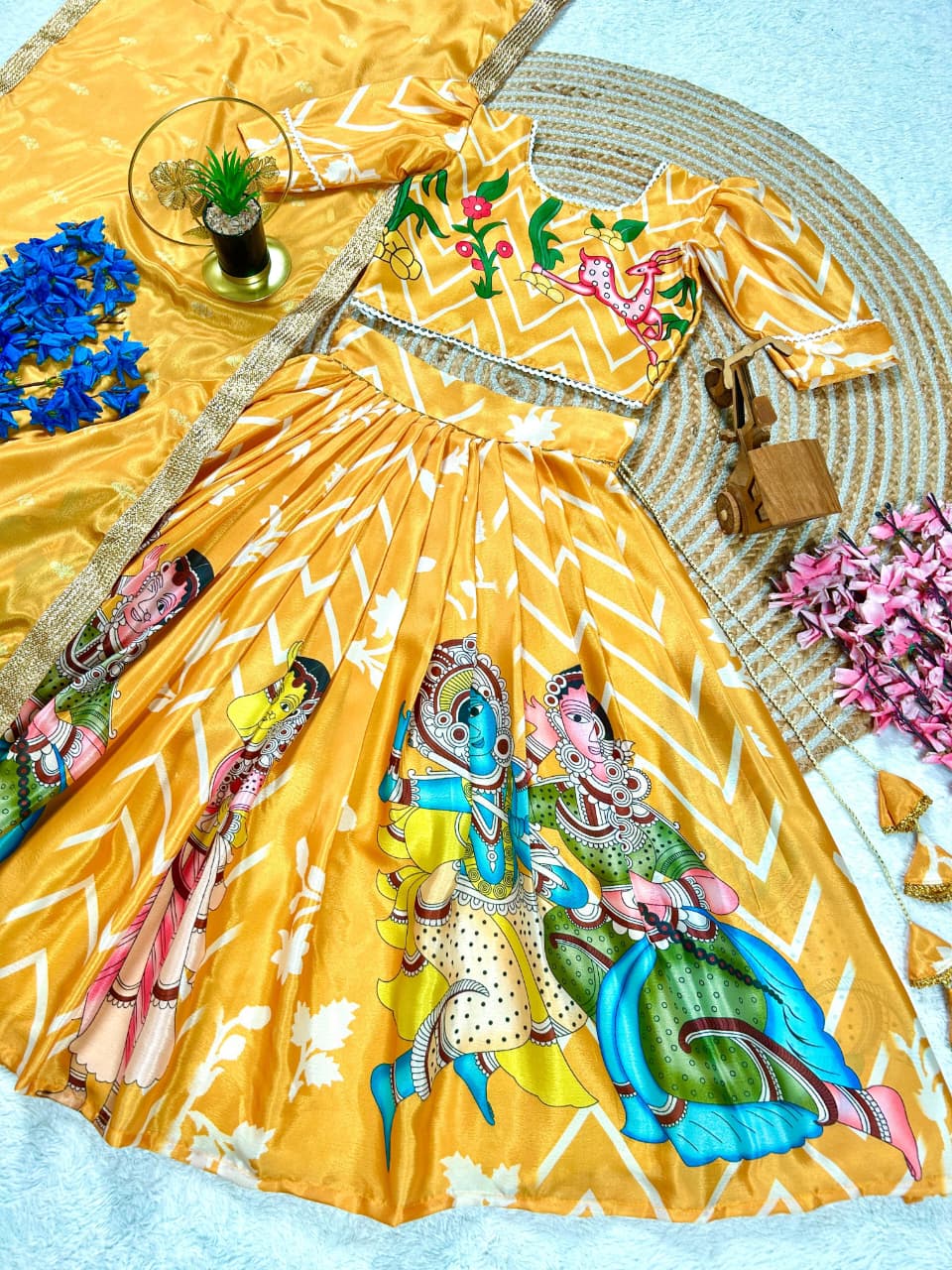 Yellow Pure Heavy Chinnon Silk Kids Girl's Lehenga Choli