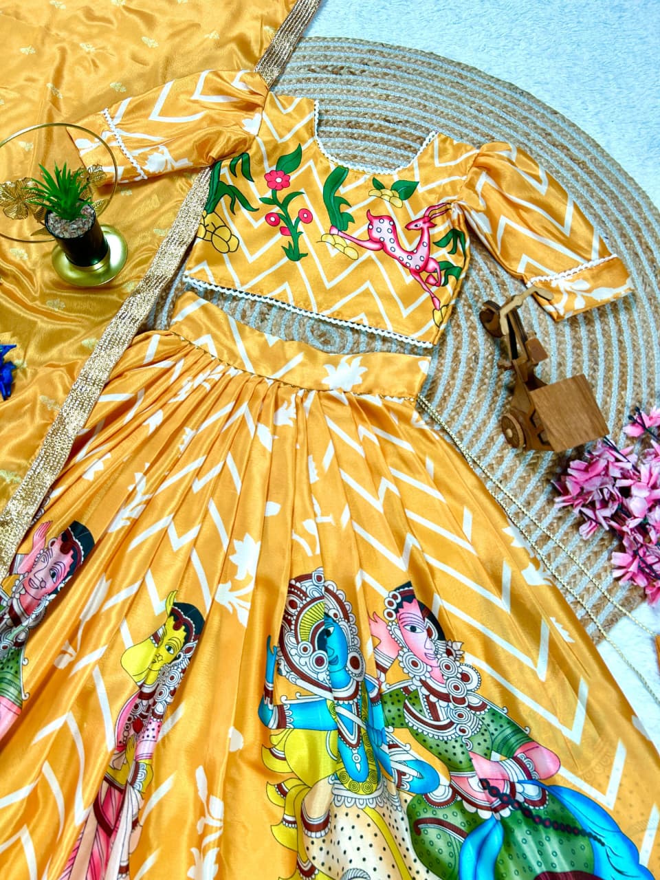 Yellow Pure Heavy Chinnon Silk Kids Girl's Lehenga Choli