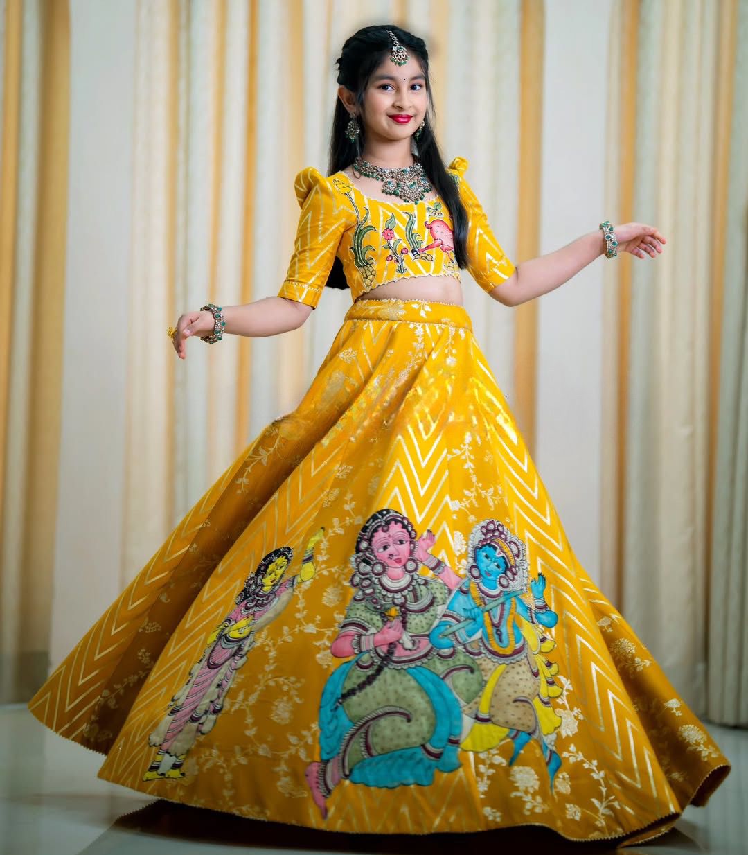 Yellow Pure Heavy Chinnon Silk Kids Girl's Lehenga Choli