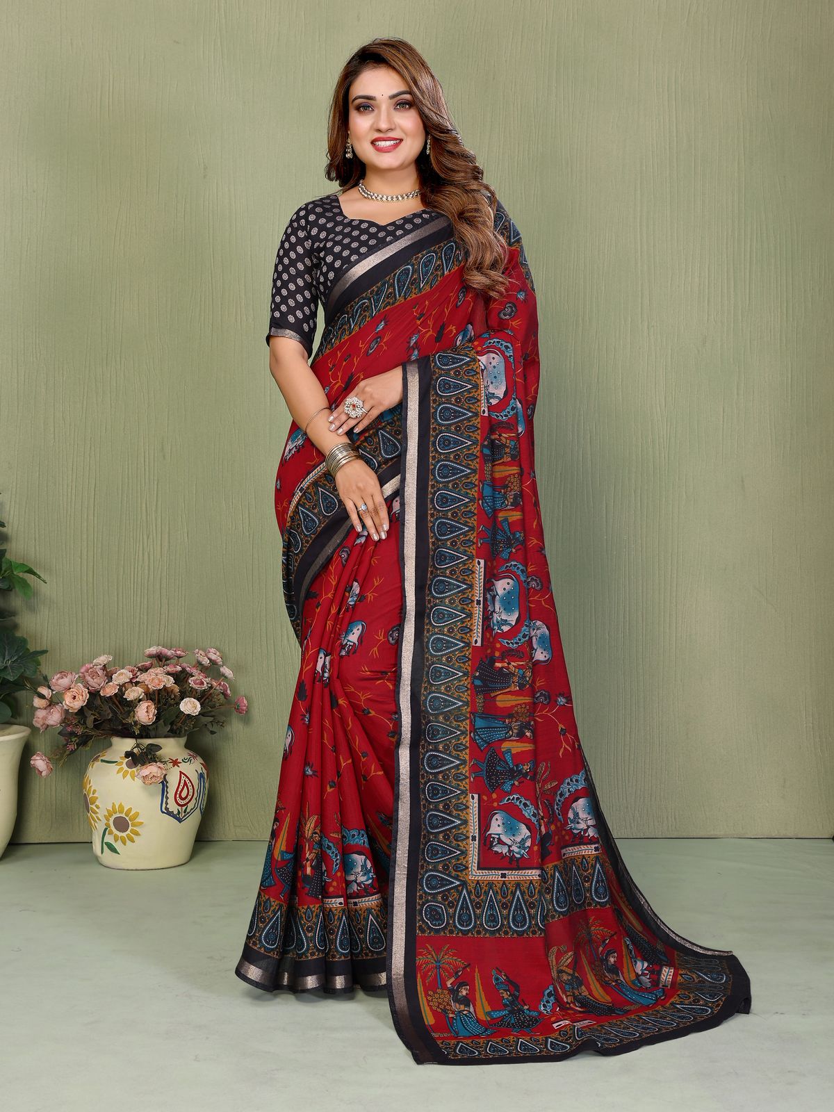 Red Pure Soft Mul Kalamkari Print Cotton Saree