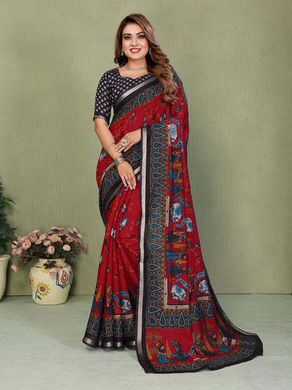 Red Pure Soft Mul Kalamkari Print Cotton Saree Cotton saree Anant Tex Exports Pvt.Ltd..