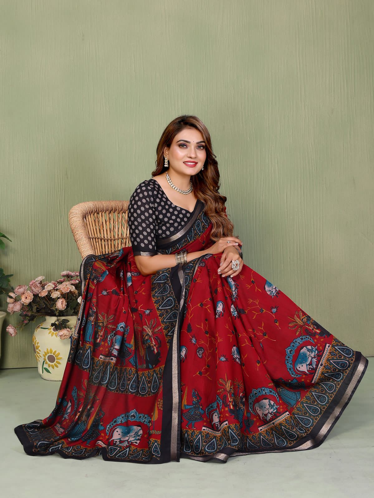 Red Pure Soft Mul Kalamkari Print Cotton Saree