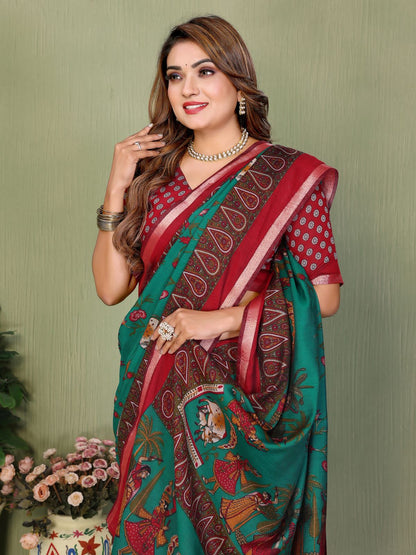 Green Pure Soft Mul Kalamkari Print Cotton Saree Cotton saree Anant Tex Exports Pvt.Ltd..