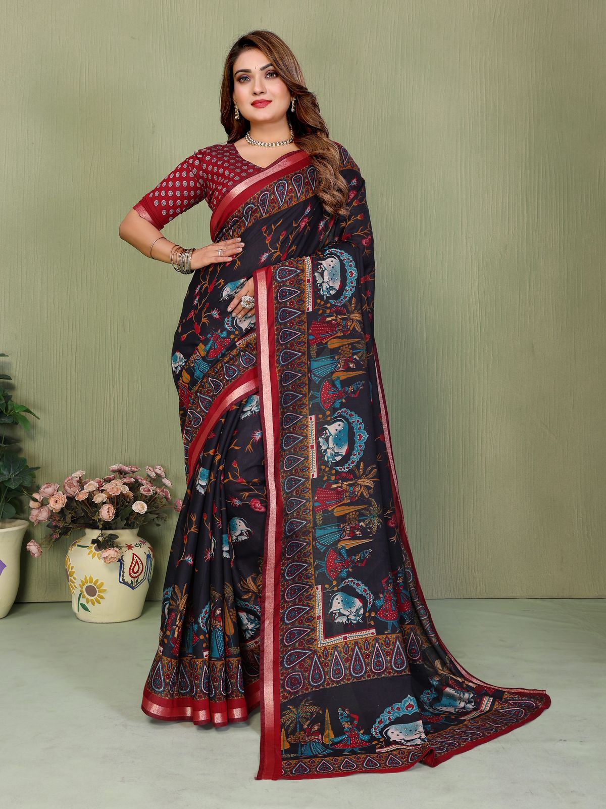 Black Pure Soft Mul Kalamkari Print Cotton Saree
