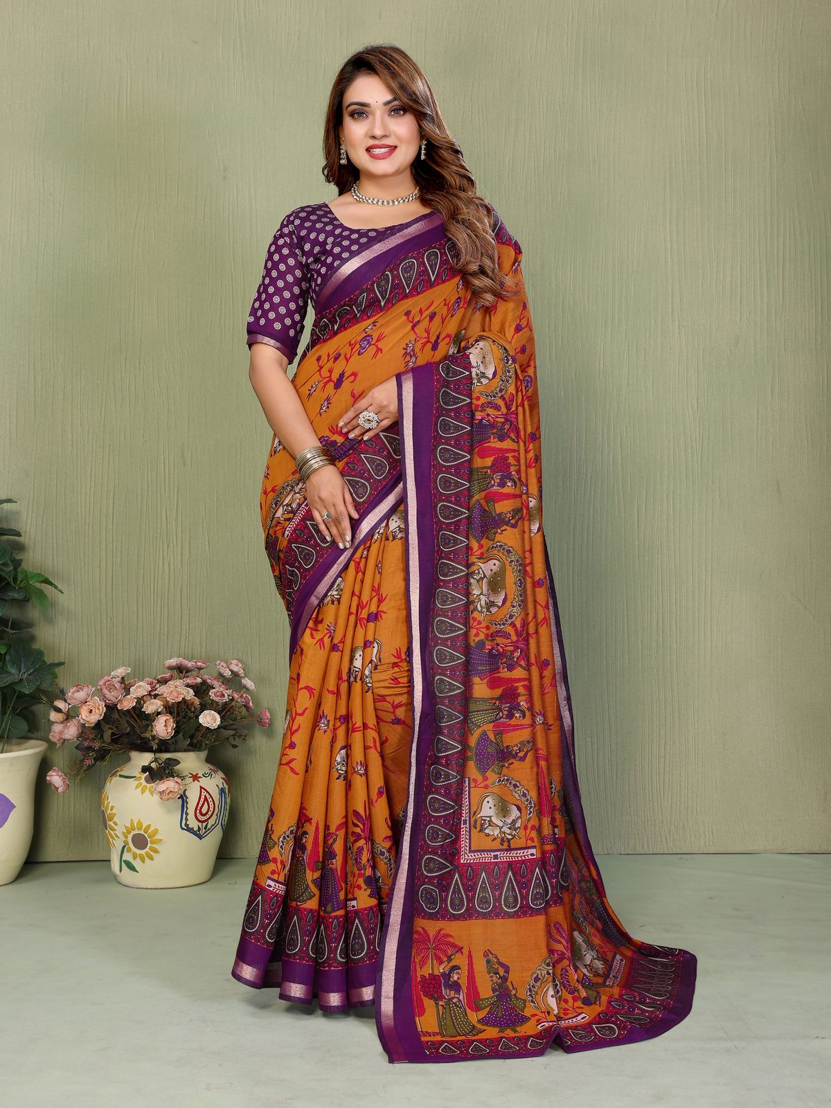 Orange Pure Soft Mul Kalamkari Print Cotton Saree