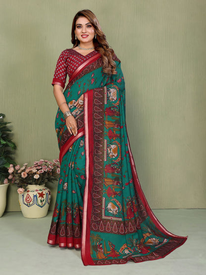 Green Pure Soft Mul Kalamkari Print Cotton Saree Cotton saree Anant Tex Exports Pvt.Ltd..