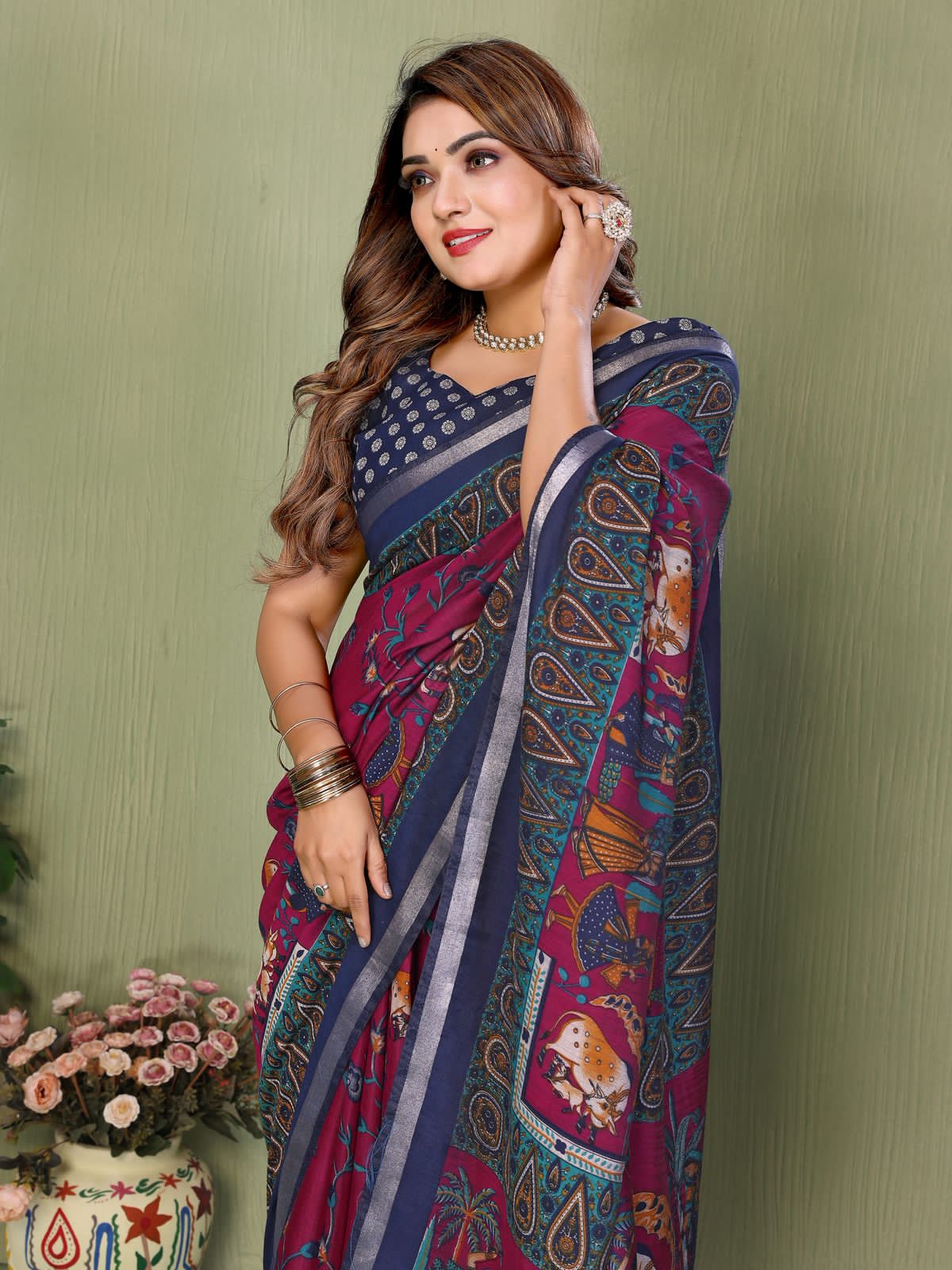 Pink Pure Soft Mul Kalamkari Print Cotton Saree