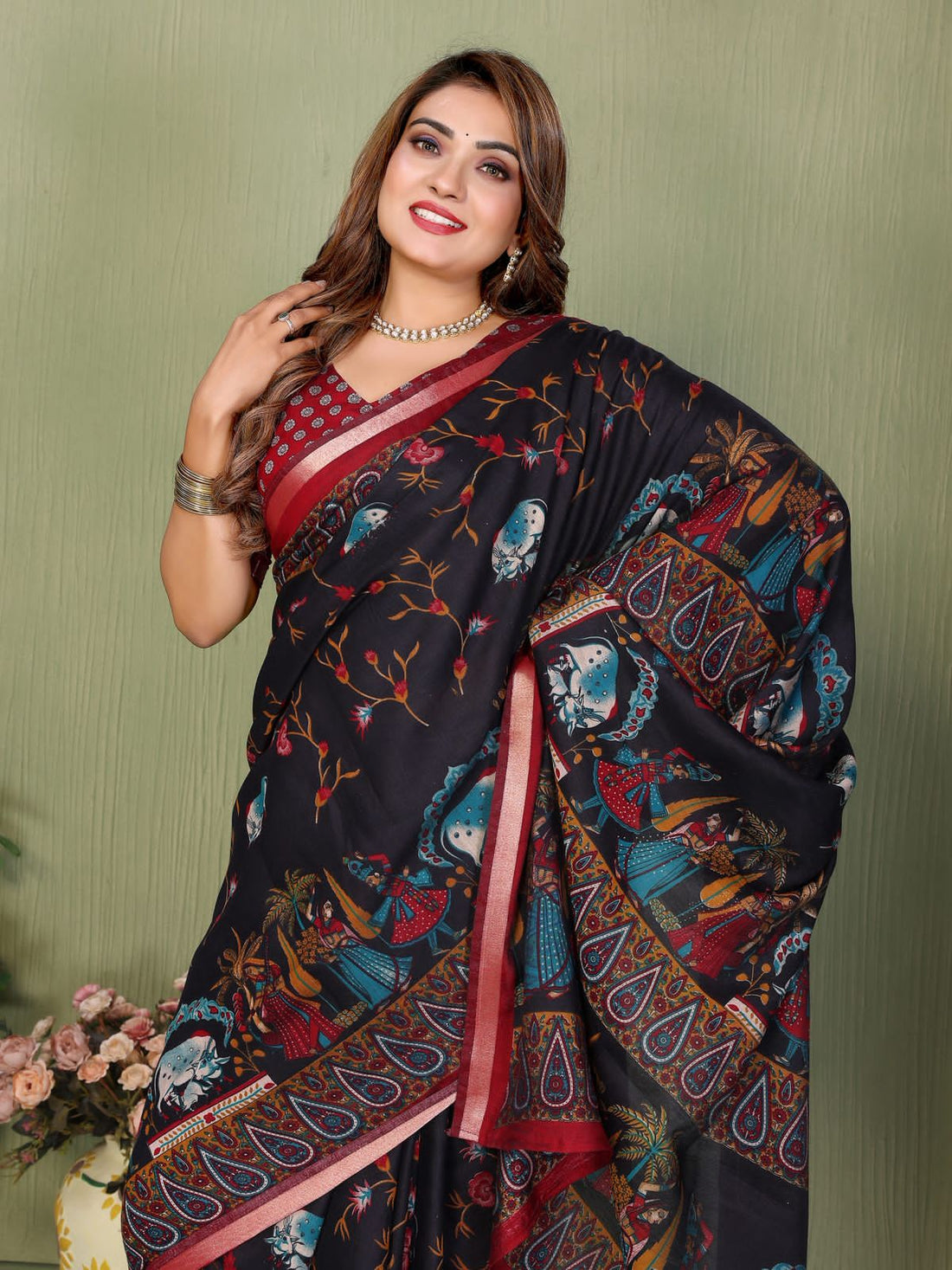 Black Pure Soft Mul Kalamkari Print Cotton Saree Cotton saree Anant Tex Exports Pvt.Ltd..