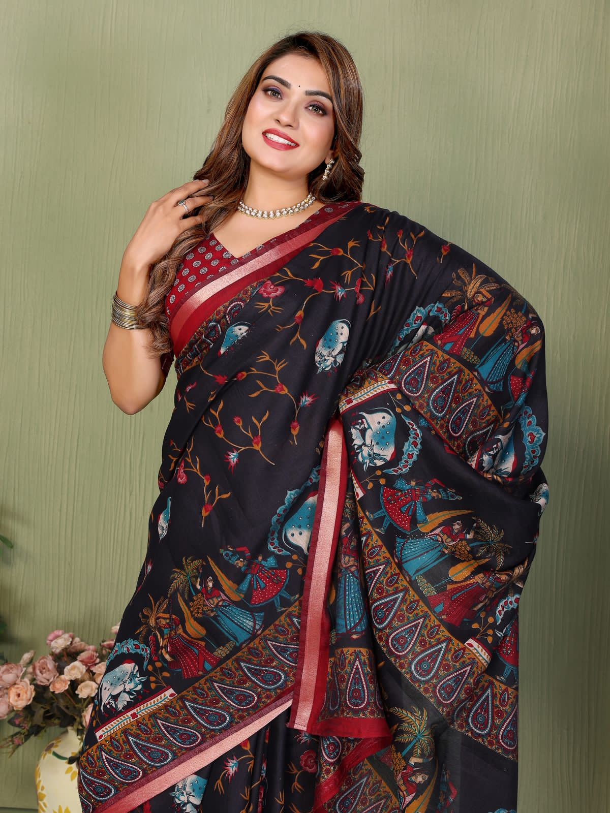 Black Pure Soft Mul Kalamkari Print Cotton Saree