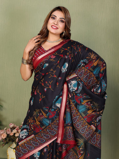 Black Pure Soft Mul Kalamkari Print Cotton Saree Cotton saree Anant Tex Exports Pvt.Ltd..